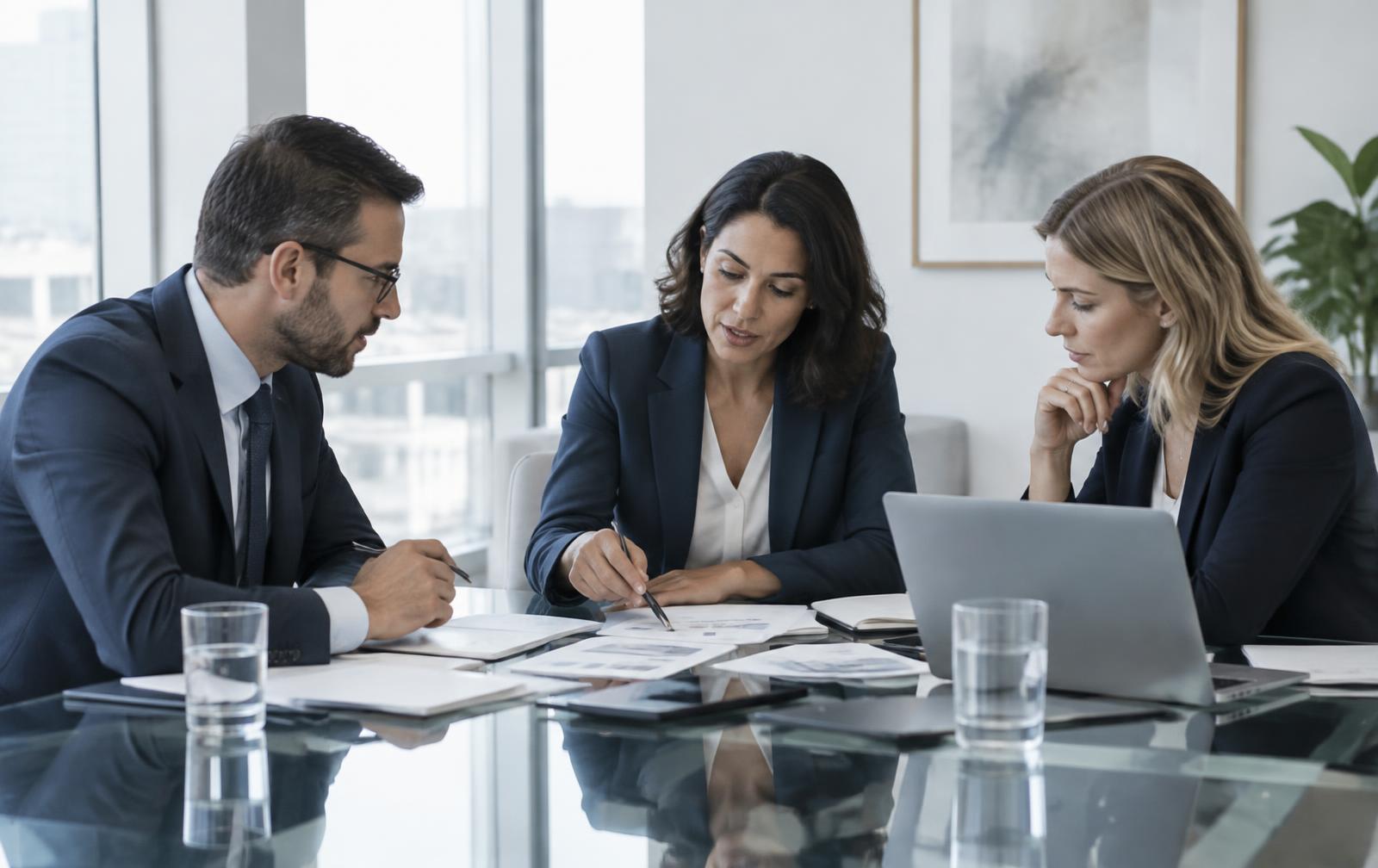 Three professionals reviewing documents together around a conference table in a modern office