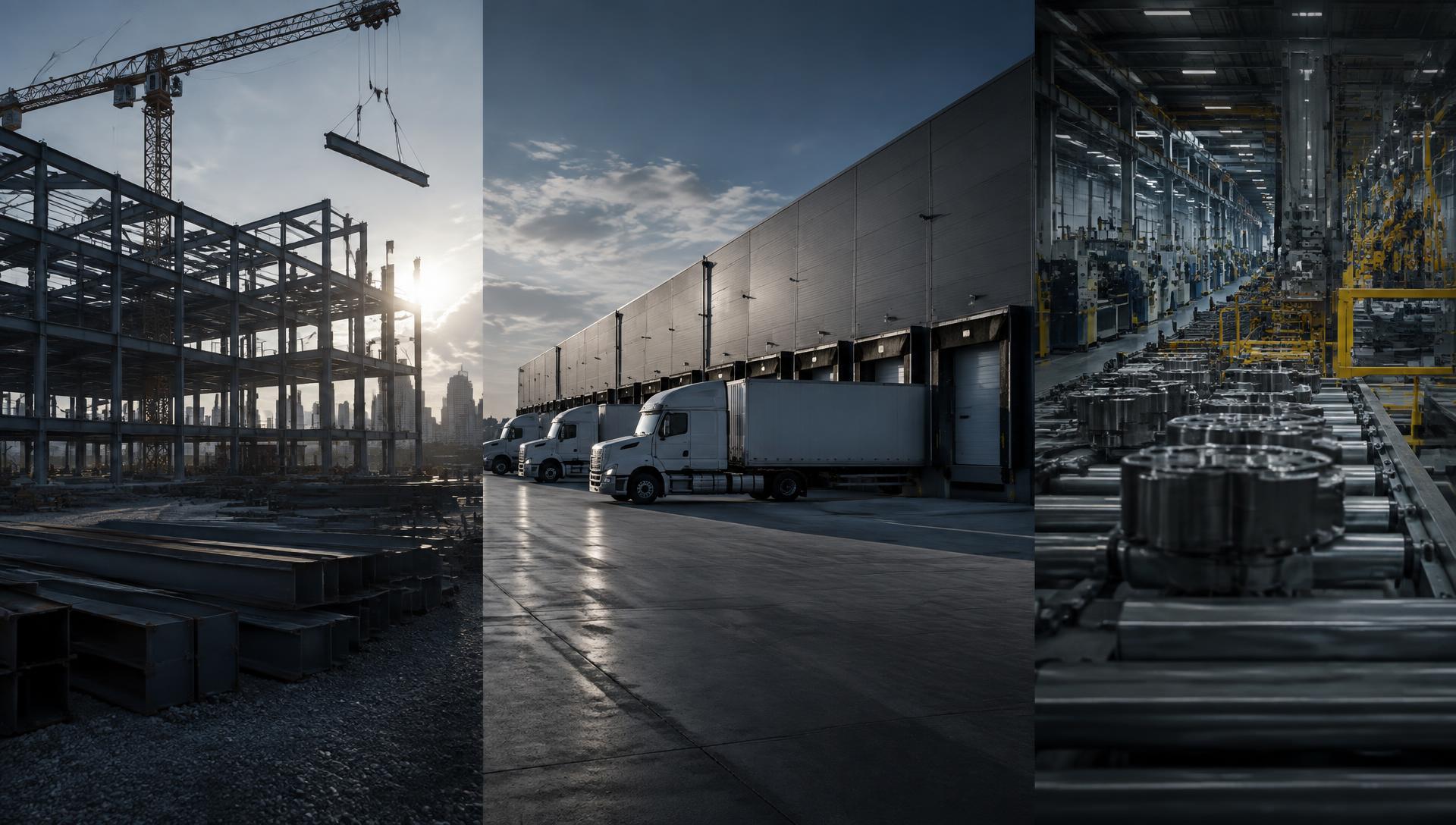 Composite view of a commercial construction site, freight trucks at a distribution warehouse and a manufacturing plant floor