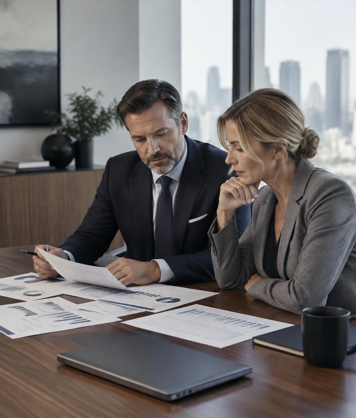 Two business executives reviewing printed financial reports and portfolio summaries at a conference table